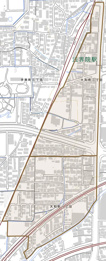 大和町とその周辺の地図。町の範囲を重ねている
