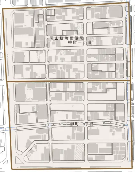 柳町とその周辺の地図。町の範囲を重ねている