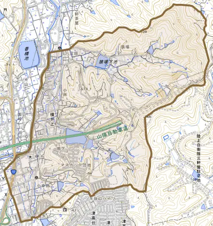 横井上とその周辺の地図。町の範囲を重ねている