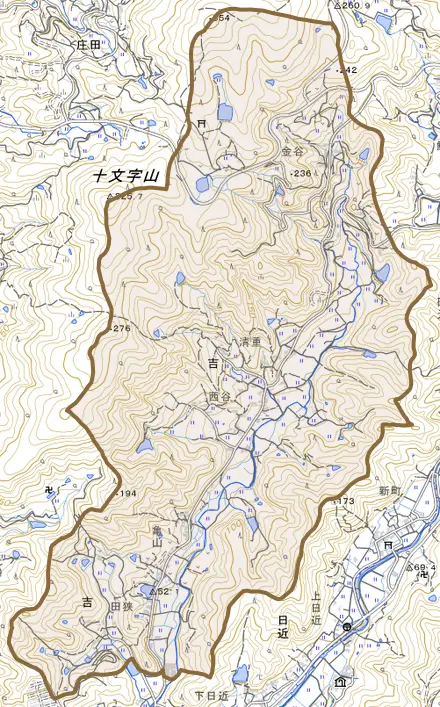 吉とその周辺の地図。町の範囲を重ねている