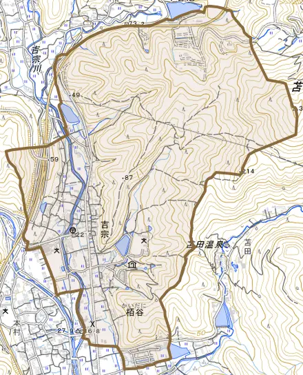 吉宗とその周辺の地図。町の範囲を重ねている