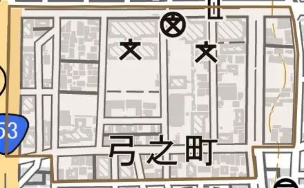 弓之町とその周辺の地図。町の範囲を重ねている