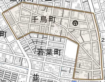 千鳥町とその周辺の地図。町の範囲を重ねている
