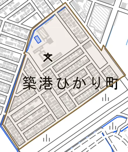 築港ひかり町とその周辺の地図。町の範囲を重ねている