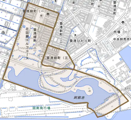 築港緑町とその周辺の地図。町の範囲を重ねている