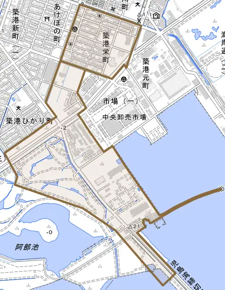 築港栄町とその周辺の地図。町の範囲を重ねている