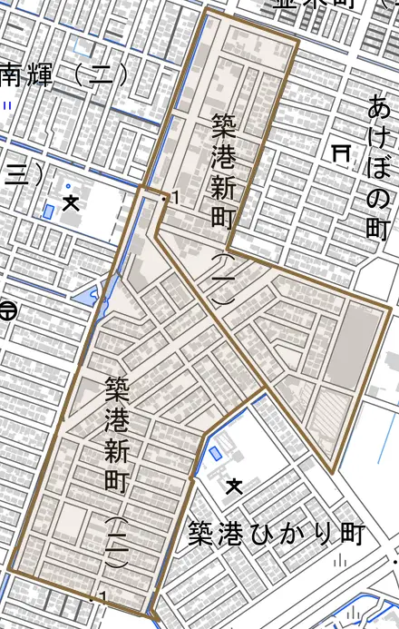 築港新町とその周辺の地図。町の範囲を重ねている