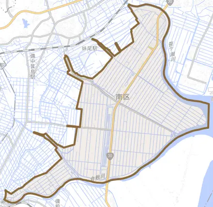 藤田とその周辺の地図。町の範囲を重ねている
