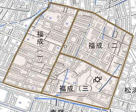 福成とその周辺の地図。町の範囲を重ねている