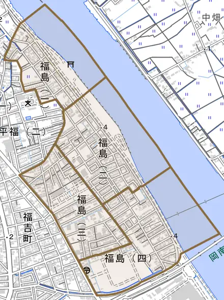 福島とその周辺の地図。町の範囲を重ねている