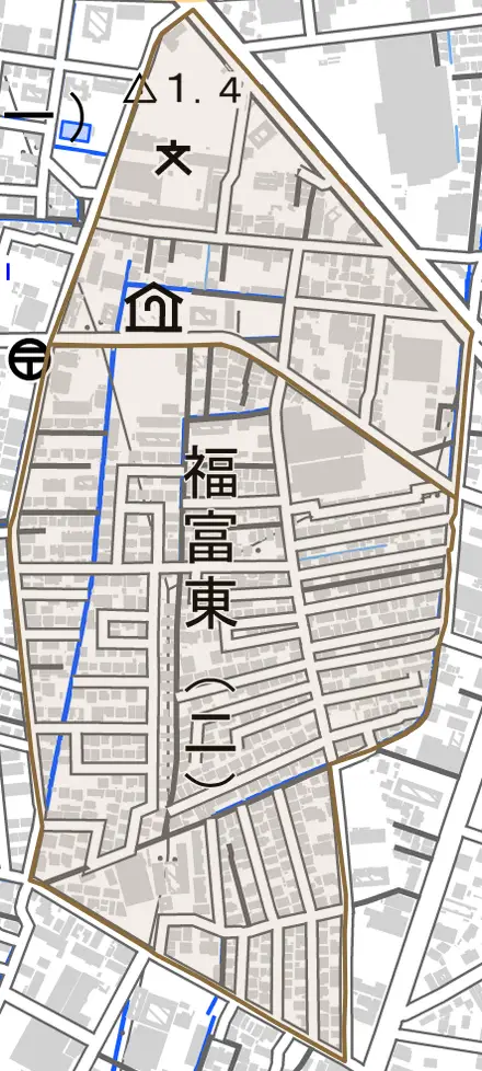 福富東とその周辺の地図。町の範囲を重ねている