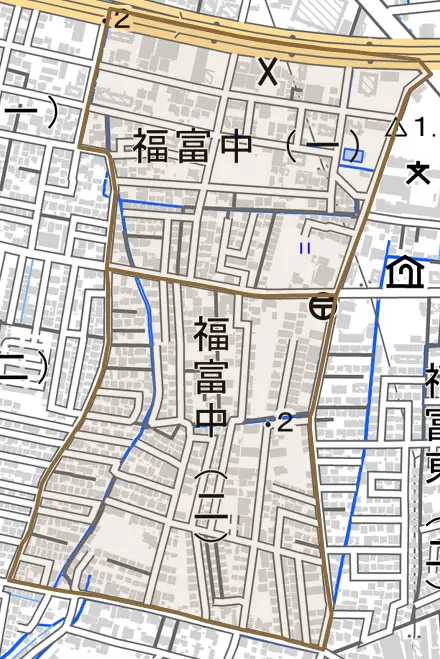 福富中とその周辺の地図。町の範囲を重ねている