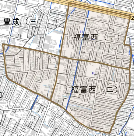 福富西とその周辺の地図。町の範囲を重ねている