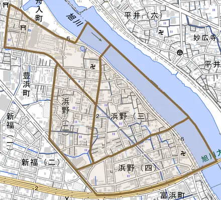 浜野とその周辺の地図。町の範囲を重ねている