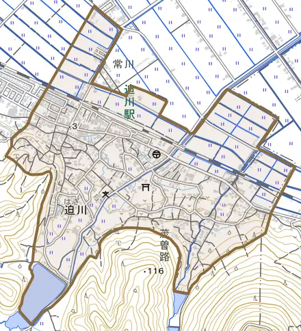 迫川とその周辺の地図。町の範囲を重ねている