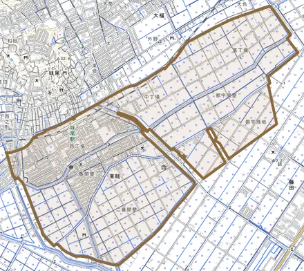 東畦とその周辺の地図。町の範囲を重ねている