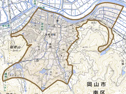 彦崎とその周辺の地図。町の範囲を重ねている