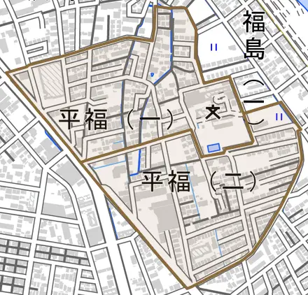 平福とその周辺の地図。町の範囲を重ねている