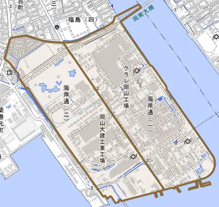 海岸通とその周辺の地図。町の範囲を重ねている