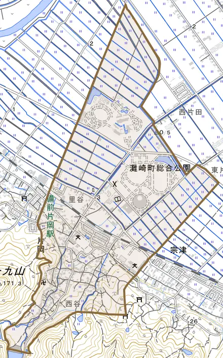 片岡とその周辺の地図。町の範囲を重ねている