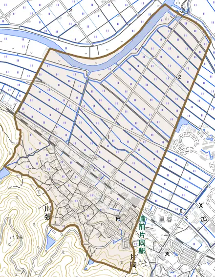川張とその周辺の地図。町の範囲を重ねている
