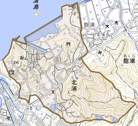 北浦とその周辺の地図。町の範囲を重ねている