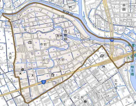 古新田とその周辺の地図。町の範囲を重ねている