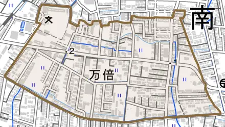 万倍とその周辺の地図。町の範囲を重ねている