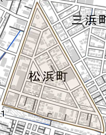 松浜町とその周辺の地図。町の範囲を重ねている