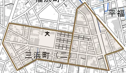 三浜町とその周辺の地図。町の範囲を重ねている