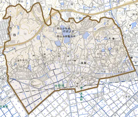 箕島とその周辺の地図。町の範囲を重ねている
