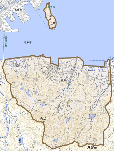 宮浦とその周辺の地図。町の範囲を重ねている