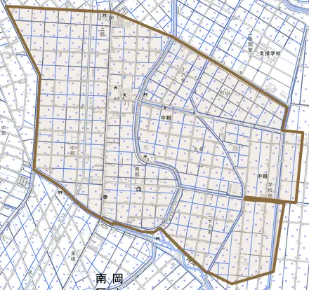 中畦とその周辺の地図。町の範囲を重ねている