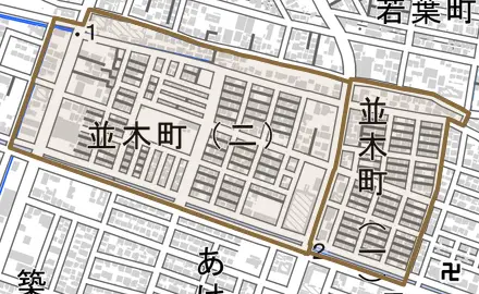 並木町とその周辺の地図。町の範囲を重ねている