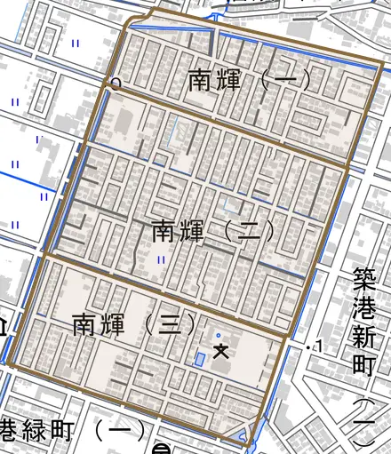 南輝とその周辺の地図。町の範囲を重ねている
