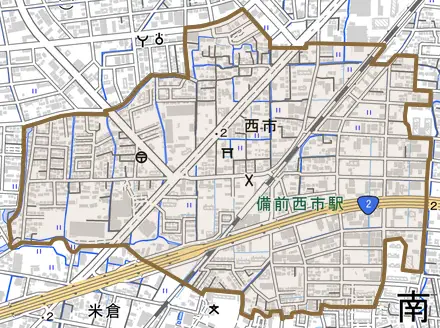 西市とその周辺の地図。町の範囲を重ねている
