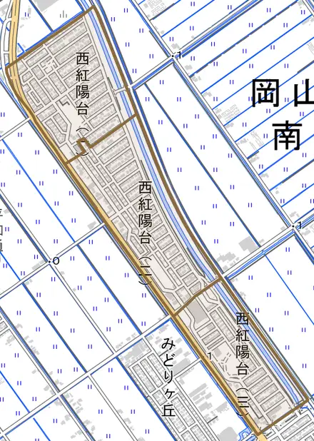 西紅陽台とその周辺の地図。町の範囲を重ねている