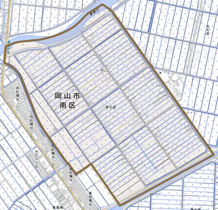 西七区とその周辺の地図。町の範囲を重ねている