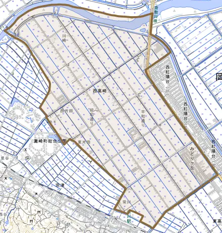 西高崎とその周辺の地図。町の範囲を重ねている