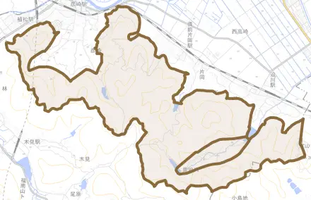 奥迫川とその周辺の地図。町の範囲を重ねている