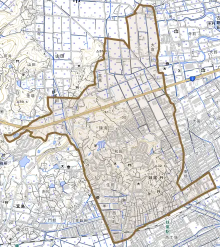 妹尾とその周辺の地図。町の範囲を重ねている