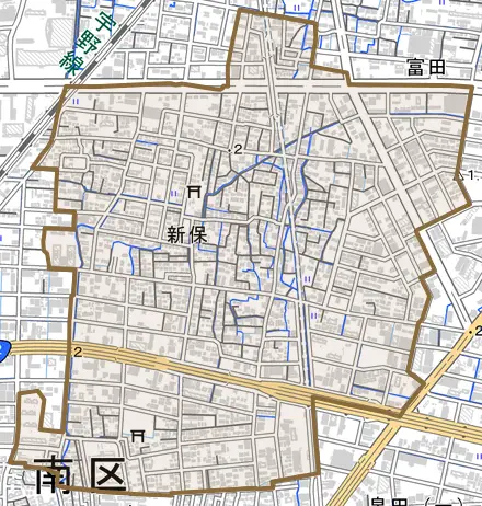 新保とその周辺の地図。町の範囲を重ねている
