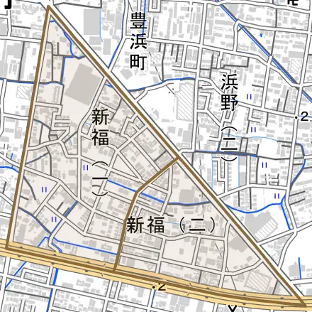 新福とその周辺の地図。町の範囲を重ねている