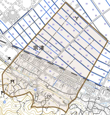 宗津とその周辺の地図。町の範囲を重ねている