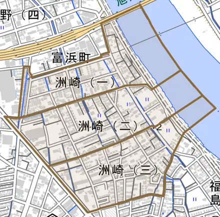 洲崎とその周辺の地図。町の範囲を重ねている