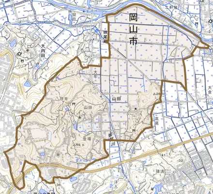 山田とその周辺の地図。町の範囲を重ねている