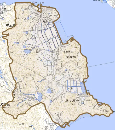 小串とその周辺の地図。町の範囲を重ねている