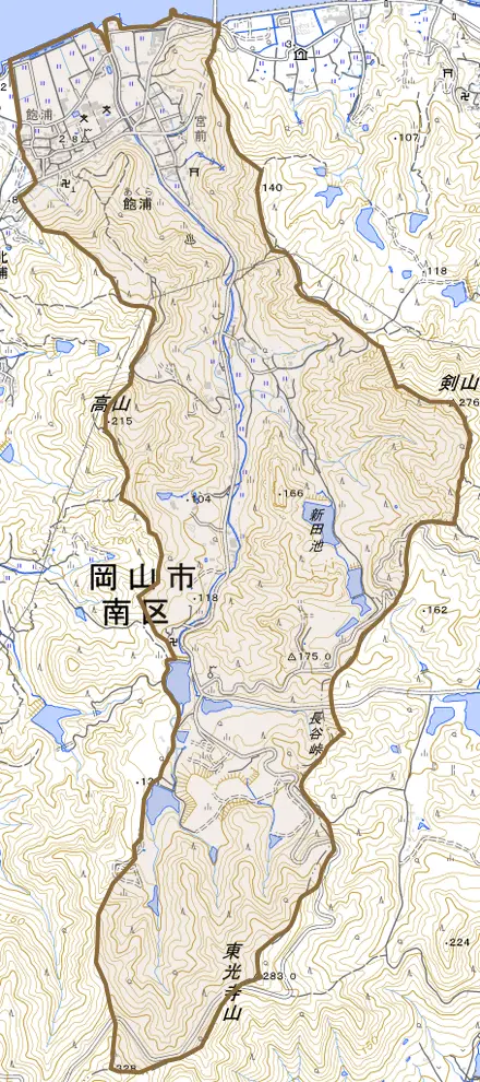 飽浦とその周辺の地図。町の範囲を重ねている