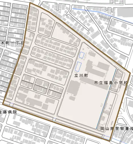 立川町とその周辺の地図。町の範囲を重ねている
