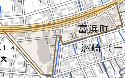 富浜町とその周辺の地図。町の範囲を重ねている